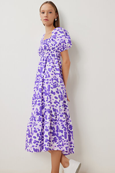 Lovelyİstanbul Φόρεμα με μοτίβο με μανίκια με μπαλόνι LFG0076 ΜΩΒ ΛΕΥΚΟ