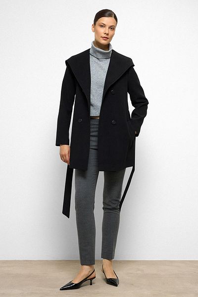 Olcay Hooded Double Breasted Short Coat Black 3103