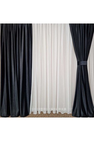 Mastel Set of 2 luxury black velvet curtains with ivory veil curtain