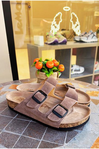 Lemoors Maria Natural Mushroom Genuine Leather Double Striped Mink Color Women's Slippers