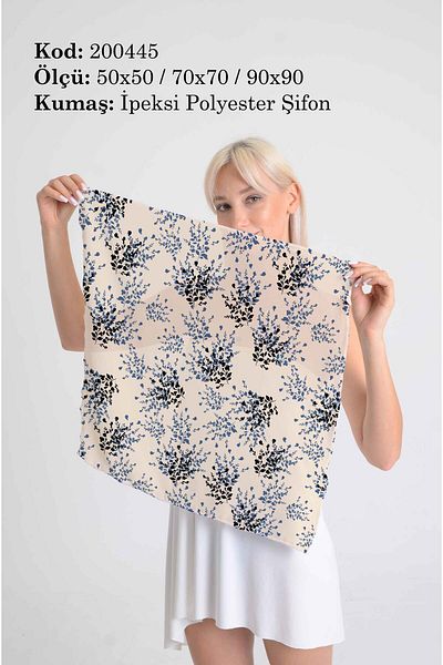 DESENİX Blue Flower Branch Patterned Scarf |   Beige Floor |   50X50 - 70X70 - 90X90Cm |   Silky Polyester Chiffon