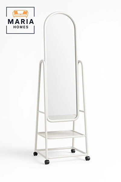 MARIA HOMES مرآة بيضاء مقوسة كاملة الطول بإطار متحرك ورف تخزين