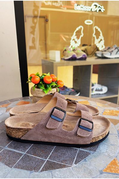 Lemoors Maria Natural Mushroom Genuine Leather Double Striped Mink Color Women's Slippers