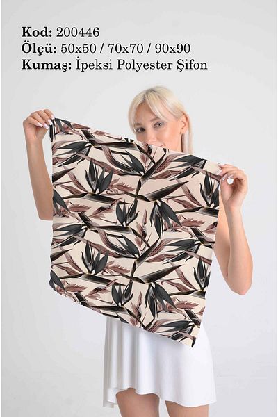 DESENİX Exotic Leaf Patterned Scarf |   Beige Floor |   50X50 - 70X70 - 90X90Cm |   Silky Polyester Chiffon