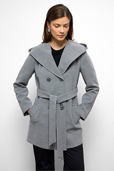 Olcay Hooded Double Breasted Short Coat Gray 3103