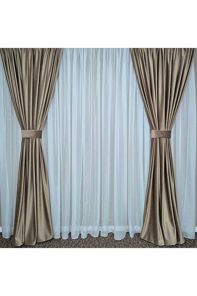 Mastel Set of 2 luxury beige velvet curtains with white veil curtain