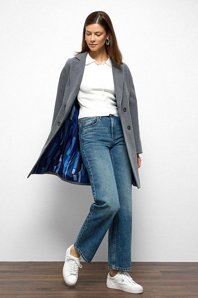 Olcay Patterned Lined Oversize Double Breasted Coat Gray 3095