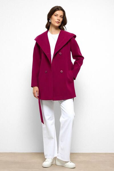 Olcay Hooded Double Breasted Short Coat Fuchia 3103