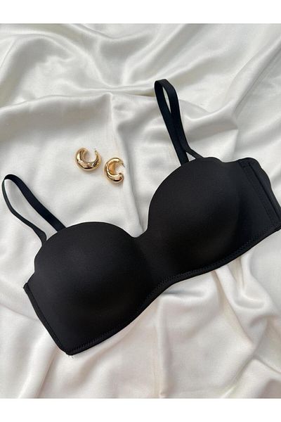 İNKO İÇ GİYİM Black Gathering Underwire Strapless Lotus Bra Without Padding