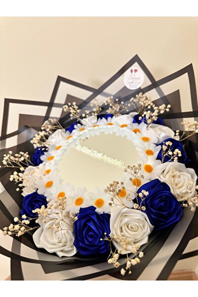 Çiçek aynalı gül buketi mavi söz nişan isteme özel gün hediye