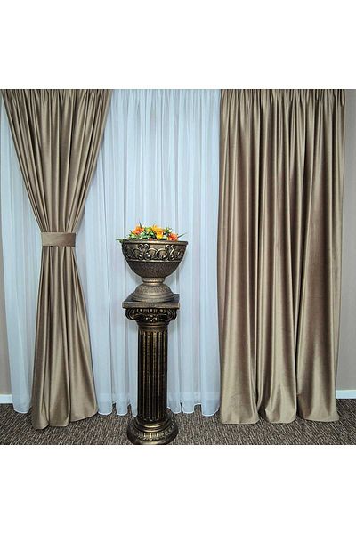 Mastel Set of 2 luxury beige velvet curtains with ivory veil curtain