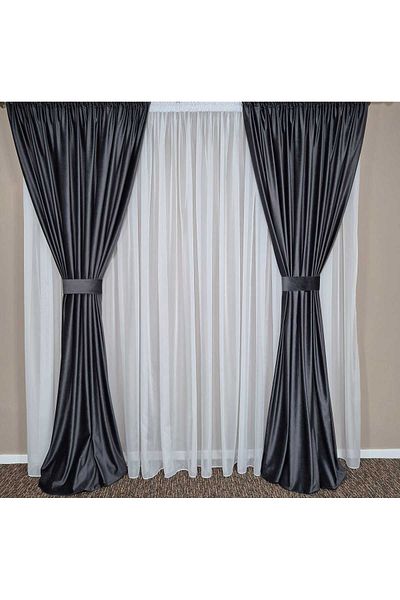 Mastel Set of 2 luxury dark grey velvet curtains with ivory veil curtain