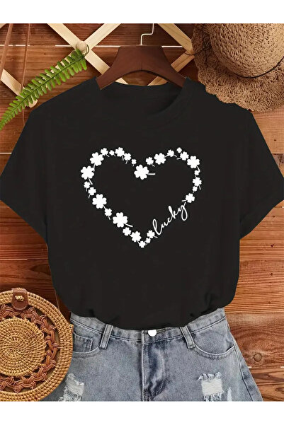 Trend Sizde تي شيرت بأكمام قصيرة وطبعة قلب برسيم بأربع أوراق وكتابة الحب