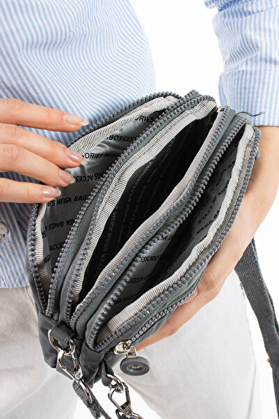 NEMO BAGS Gray Unisex Wallet, 4 Compartments, Phone Holder, Original Crinkle Fabric, Cross Strap Shoulder Bag, 20X12Cm