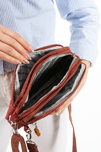 NEMO BAGS Kiremit Unisex Cüzdan, 4 Gözlü, Telefonluk, Crinkle Kumaş, Çapraz Askılı Omuz Çantası, 20x12cm