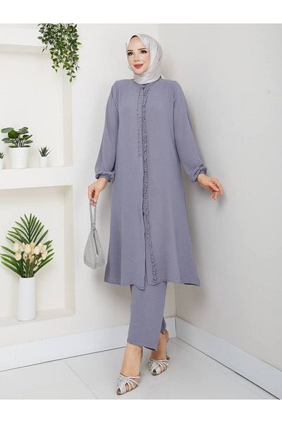 Monchoix Set de pantaloni lungi cu tunică pentru femei, cu detalii de piatră și volane