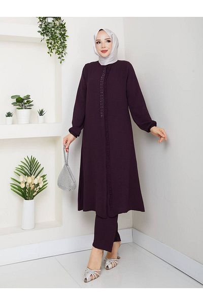 Monchoix Women's Stone and Ruffle Detailed Long Tunic Trousers Double Hijab Set