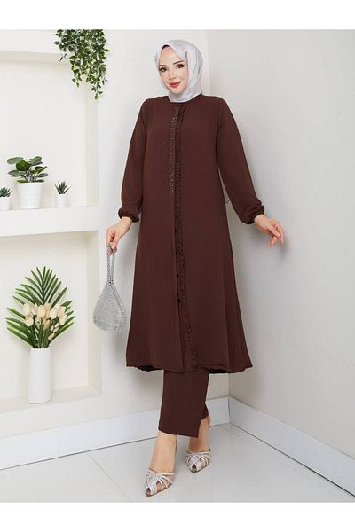 Monchoix Women's Stone and Ruffle Detailed Long Tunic Trousers Double Hijab Set