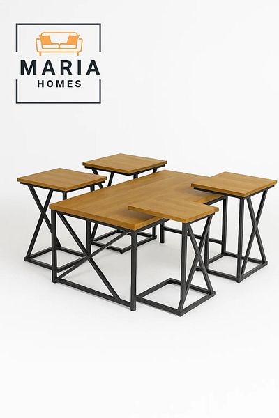 MARIA HOMES Coffee Table Set – Oak Finish with Black Steel Frame