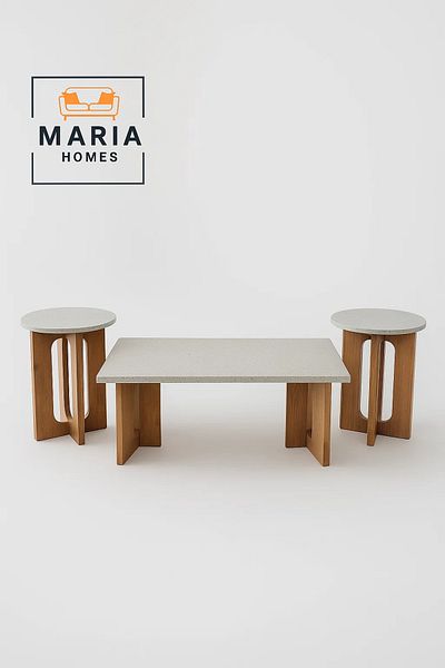 MARIA HOMES Modern 3-Piece Coffee Table Set with Terrazzo Top and Wooden Base