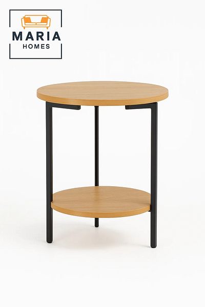MARIA HOMES Round Wood Side Table with Black Metal Frame and Bottom Shelf-size 45*55 CM