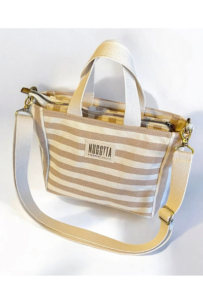 Nuggita Zippered Mini Size Herringbone Striped Woven Handbag / Cross Strap - Beige