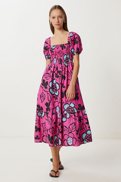 Lovelyİstanbul Rochie țesătă cu mâneci balon LFG0074 ROZ ÎNCHIS NEGRU
