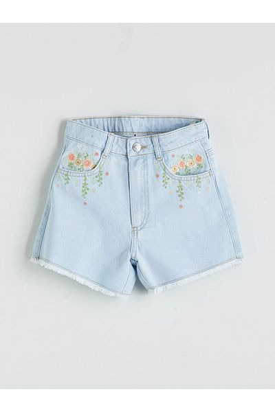 LC Waikiki Lcw Kids Indigo Flower Embroidered Girl Jean Shorts