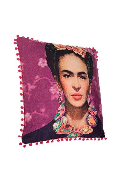 OEM Decorative Pillow with Frida Kahlo Print & Fuchsia Pompons for Sofa 45x45x10cm