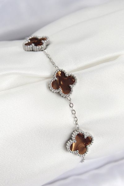 norsary 316L Steel Pearlescent Brown Silver Color Clover Women's Bracelet