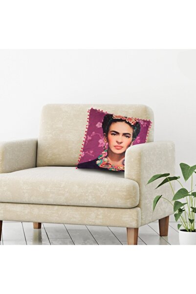 OEM Decorative Pillow with Frida Kahlo Print & Fuchsia Pompons for Sofa 45x45x10cm