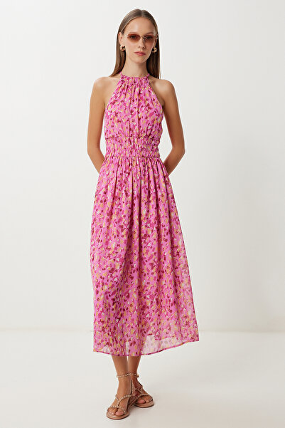 Lovelyİstanbul Rochie Midi din Sifon cu Motiv LFG0083 ROZ GALBEN