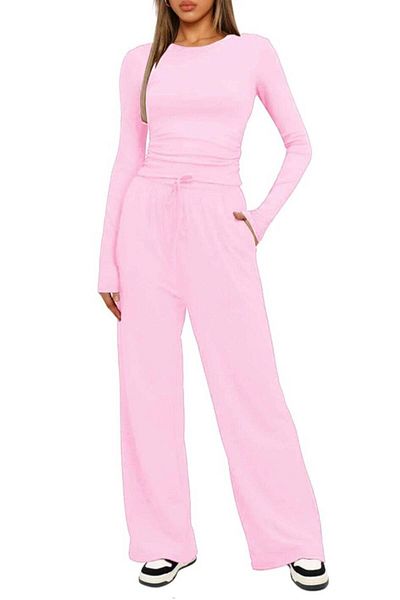 SOLOBUY Pyjamas Set Jersy Women's Long-Sleeved, Elastic Waist, Collar Round, Pants, Color Pink