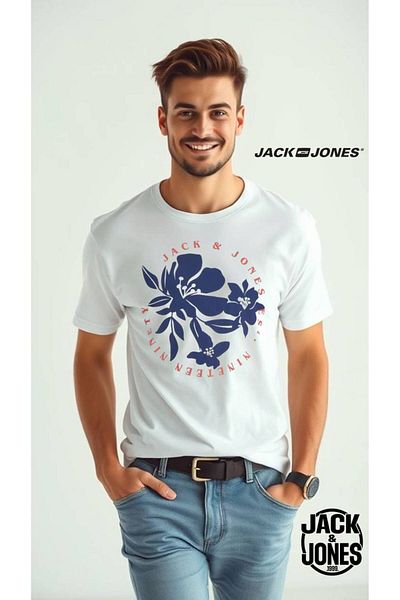 Jack & Jones Мъжка тениска с лого J&J JJDOWN, бяла, A3333