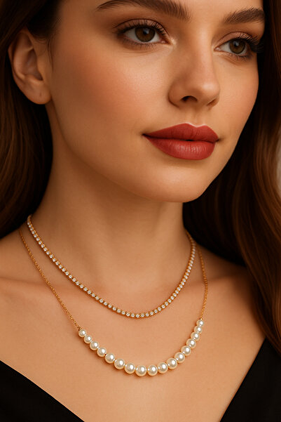 Home Pearl Detailed Waterway Stone Steel Gold Color Women's Necklace – Stylis...