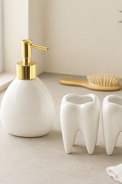 Minole Handmade Ceramic Toothbrush Holder & Soap Dish Set with Gold Lid – Modern Bathroom Accessories