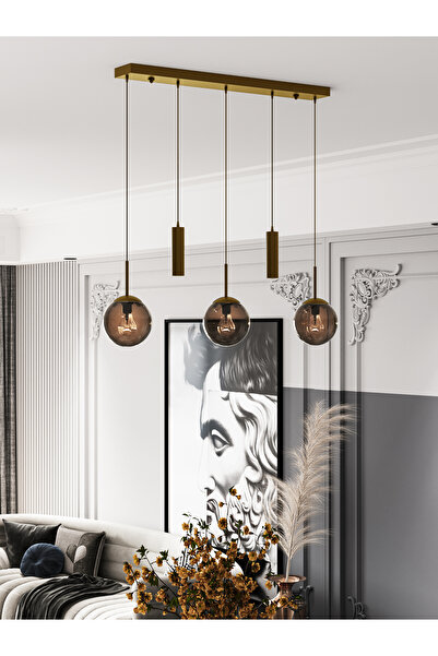 avizade NARA Eskitme Metal Gövdeli 5'li Modern Sıralı Sarkıt Avize- 2 Spot Led 3 Bal Cam Küre Avize