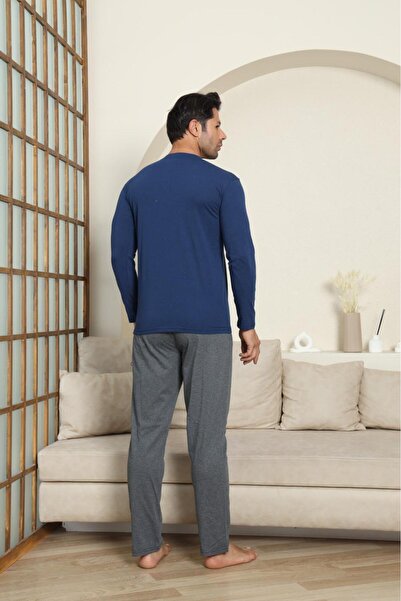 LİLA İÇ GİYİM Чоловічий бавовняний піжамний комплект з довгими рукавами, темно-синій