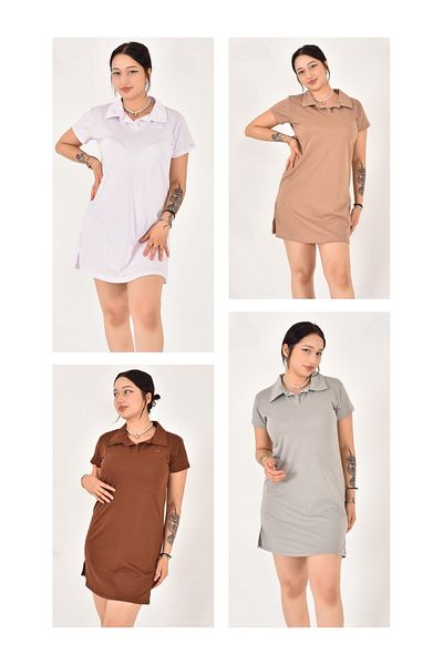 Pollux Fashion Women's Polo Neck Short Sleeve Oversize Fit Short Dress 4 Pack White-Light Brown-Grey-Brown