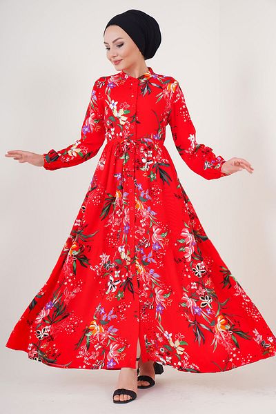 Merterium Women's Judge Collar Hijab Dress A.Red 1054