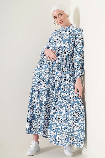 Merterium Rochie Hijab pentru damă, cu guler judecător, albastru 1054