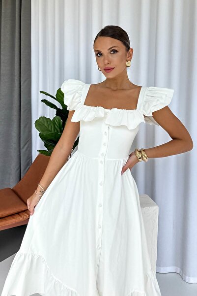 Mine Tan Butik Square Neck Ruffle Detailed Long Dress - White