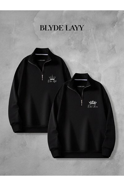 BLYDE LAYY King-Queen Black 3-Thread Half Zipper Double Sweatshirt Lover Couple Combination