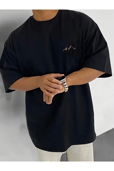 FUFLUNS تي شيرت برقبة دائرية كبيرة الحجم مطبوع عليه رسومات جبلية