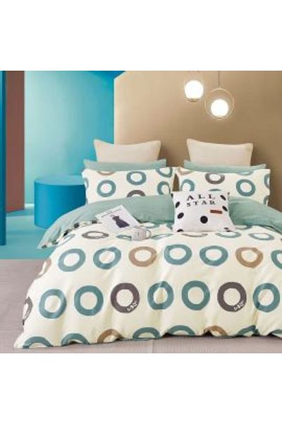 Ralex Double Bed Linen 6 Pieces Percale Cotton 100%, Beige / Blue Circles, Pucioasa