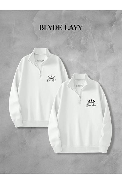 BLYDE LAYY King-Queen White 3-Thread Half Zipper Double Sweatshirt Lover Couple Combination