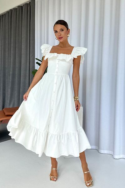 Mine Tan Butik Square Neck Ruffle Detailed Long Dress - White