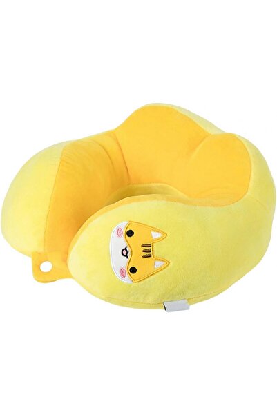 Flo Pernă de călătorie pentru gât și cap, umplutură din bumbac, galbenă cu design brodat cu pisică