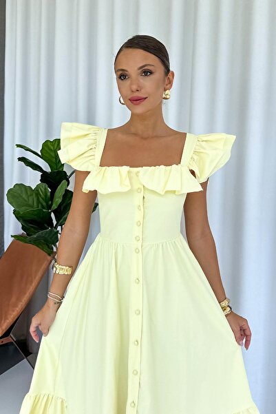 Mine Tan Butik Kare Yaka Fırfır Detaylı Uzun Elbise - Sarı