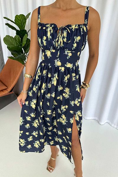 Mine Tan Butik Sleeveless Chest Drawstring Detailed Strap Lemon Pattern Long Dress - Navy Blue